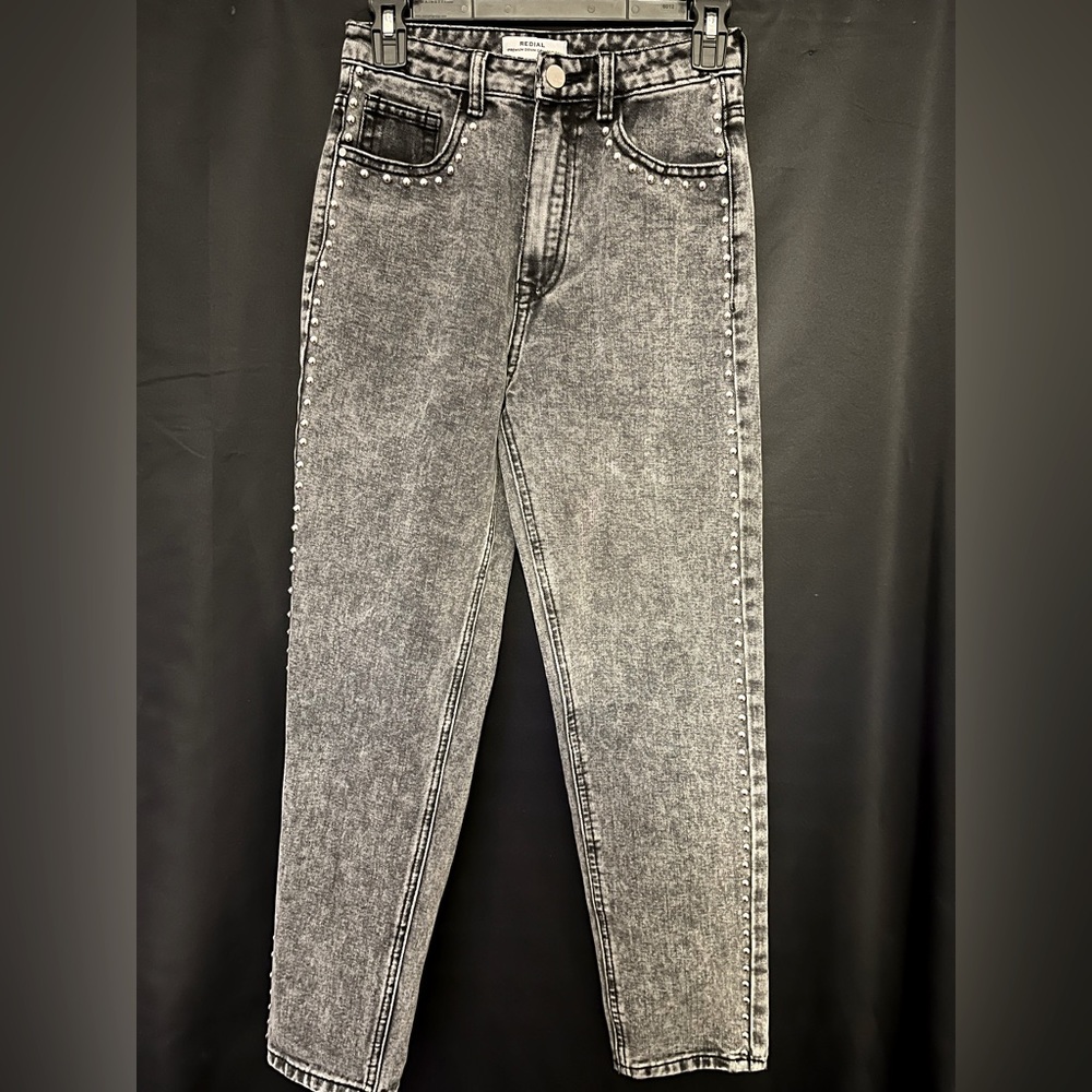 Redial High Rise Gray Studded Stonewashed Jeans